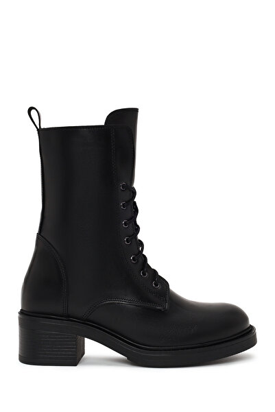 Derimod Women's Black Zippered Lace-Up Thick Heeled Leather Boots Af190045Dv