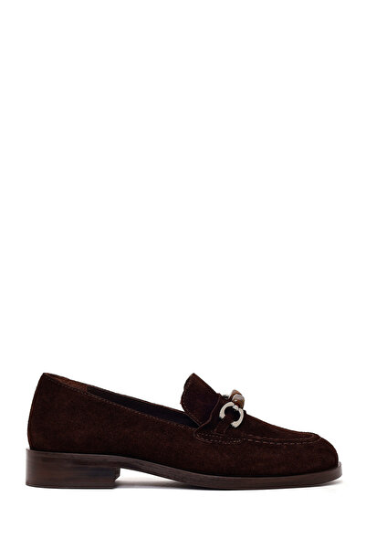 Derimod Women's Brown Buckle Suede Leather Masculine Loafer Af180019Ds