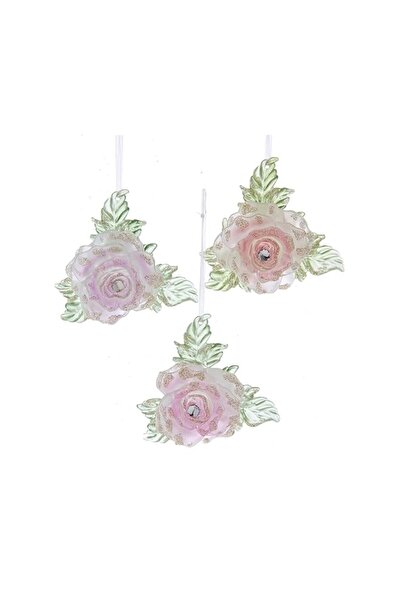 Generic Brand Kurt S. Adler 3.4 inch Pink Rose with Flower plus Glitter Assor...