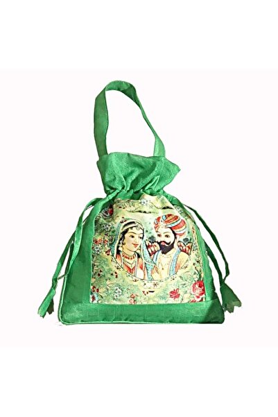 Generic Brand Swayam Faux Silk Draw String Closure Bag, Green, Gut02