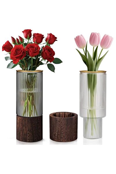 Generic Gray & Clear 10" Tall Ribbed Glass Vase Set of 2 – Rustic Flower Vase...