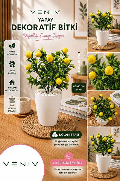 VENİV YAPAY DEKORATİF LİMON AĞACI | 40-45 CM | DOLAMİT TAŞLI | SAKSILI