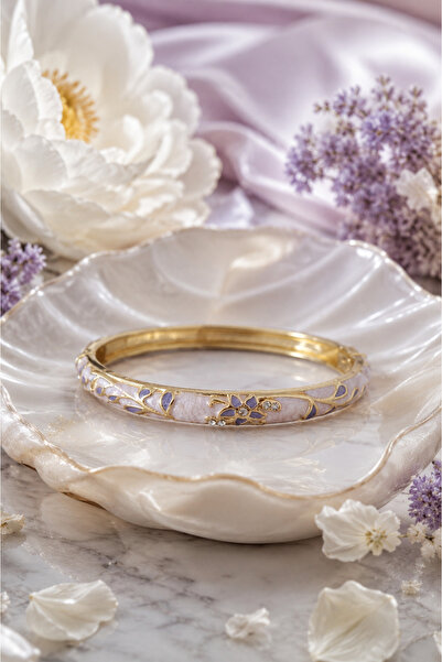 Sylvera Shop Azur Floral Stoned Lilac Enamel Thin Cuff Bracelet (Gold Color)