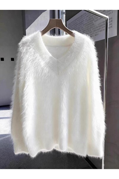 De Pose Women's Oversize Plush Soft Furry V-Neck Basic Knitwear Sweater