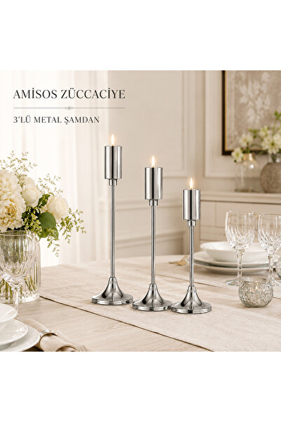 AC AMİSOS Amisos 3’lü Uzun Silindir Metal Şamdan Seti Dekoratif Mumluk Gold G...