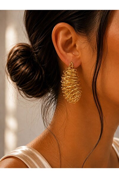MARE BUTİK Gold Wire Wrapped Design Earrings – Handmade Look Statement Model