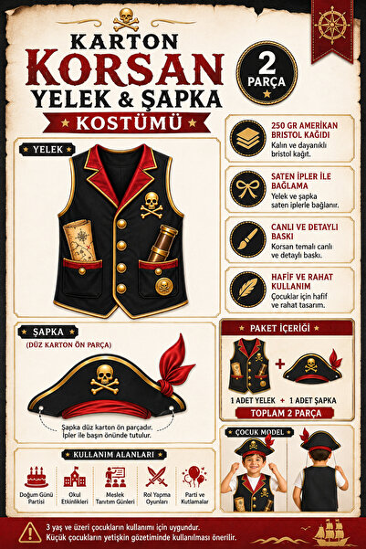 GREATOY Çocuk Korsan Kostümü 2 Parça Karton Yelek ve Şapka Seti – İpli Bağlam...