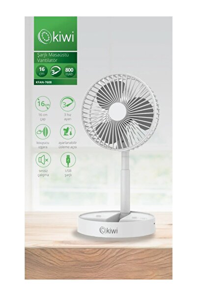 Kivi Kfan-7608 Şarjlı Beyaz Katlanılabilir Mini Fan Masa Üstü Vantilatörü Usb...