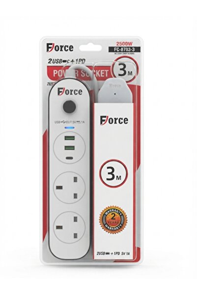 Generic Brand وصلة تمديد كهربائية بطول 3 أمتار مع 3 منافذ بريطانية قياسية، ومنفذين USB ومنفذ شحن Type C PD، محول متعدد المنافذ بقدرة 2500 واط مع حماية من التيار المفاجئ (أبيض)