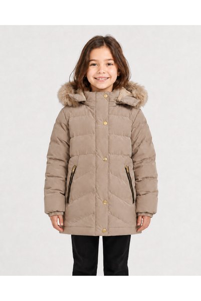 napoli jous Girl's Plush Fur Hooded Zippered Long Inflatable Winter Coat 6-10 Years Old