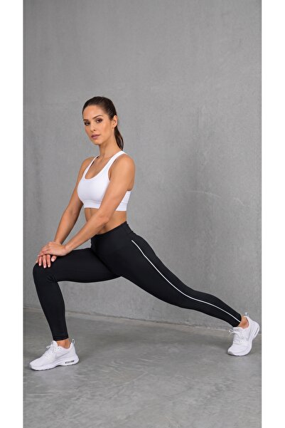 WOWO Women's High Waist Gathering Sports Leggings with Side Stripe Detail – Stretchy Long Fitness Leggings