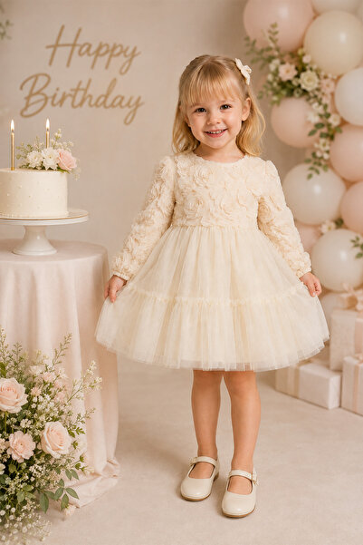 ALYRA Baby Girl Long Sleeve 3D Rose Tulle Princess Evening Dress Birthday Wed...
