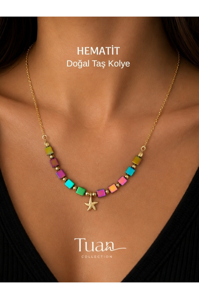 Tuan Collection Hematite Square Cut Star Detailed Natural Stone Pendant Metal...
