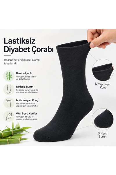 Genel Markalar Bambu Çorabı Lastiksiz Dikişsiz Burun Siyah Uzun Konç Hassas Ayaklar İçin