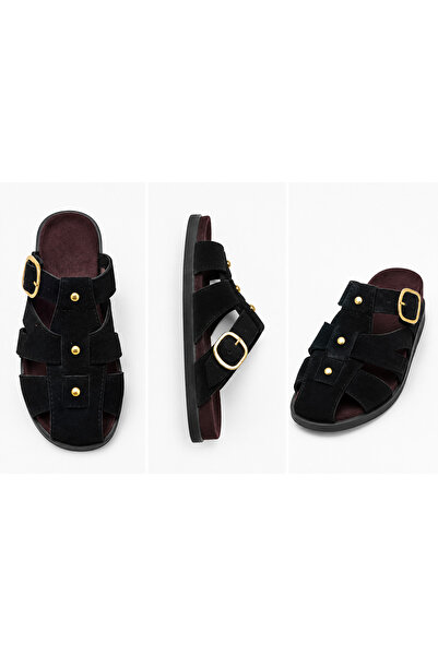 volenta deluxe aksesuar Women's Brown Suede Sandals with Buckle, Daily Comfor...
