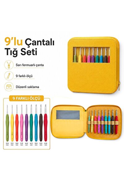 woyarts 9’lu Çantalı Ergonomik Saplı Tığ Seti 2-6 mm Sarı Taşıma Çantalı Örgü...