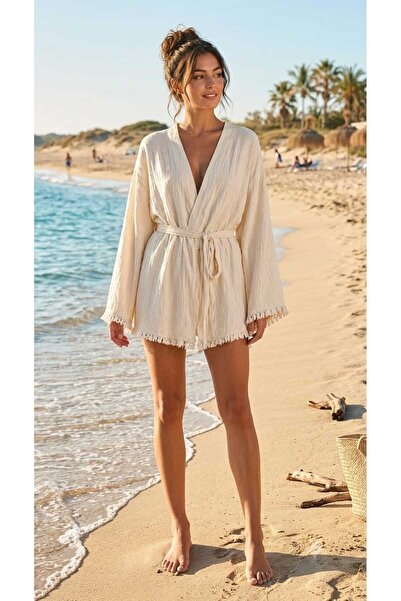 greymoda Halat de baie kimono din muselină ecru pentru femei – Cu cordon, cro...