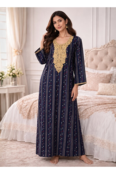 amaan Women's Navy Blue Embroidered Striped Maxi Jalabiya Full Sleeve Traditi...