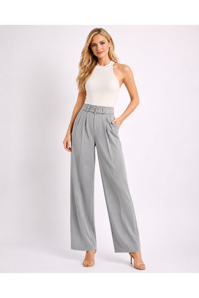 De Carte Women's High Waist Belt Buckle Pleated Modal Fabric Wide Leg Sweatpants