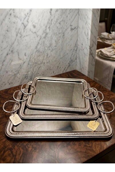 aljahwari Set of 3 Serving Trays Silver Nickel T2164/3/N