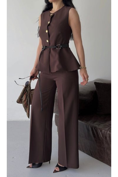 pembekurdelem Women's Belt Detailed Gold Buttoned Vest Trouser Suit Brown
