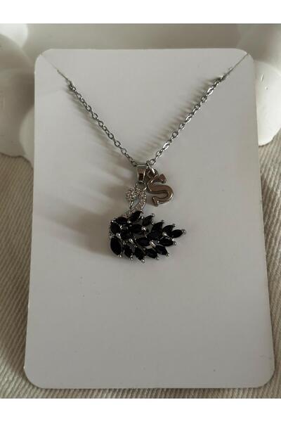 bijoux uniques Siyah zirkon taşlı kuğu model S harfli 316L çelik kolye