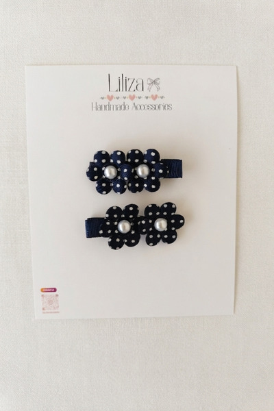 Liliza Accessories Lacivert Puantiyeli Çiçekli İncili 2li Çocuk Klips Toka