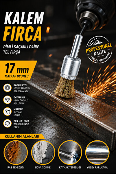 NEXTRA 17 mm Kalem Fırça Pimli Saçaklı Çelik Tel Fırça Matkap Uyumlu Pas Boya...