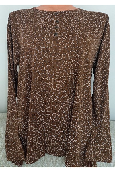Anne Er Clothing Combed Cotton Blouse Long-Sleeve Crew Neck Coffee