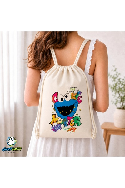 Ghostbastır Design Cookie Monster Drawstring Linen Bag C164