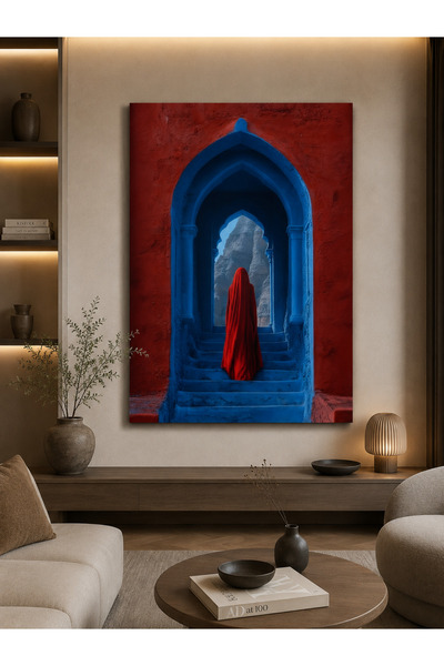 tablosu art Kırmızı Pelerinli Kadın ve Mavi Kemerli Oryantal Mimari Kanvas Tablo