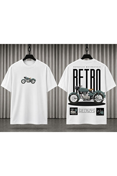 Retro Ride Motosiklet Baskılı Kısa Boy Oversize Beyaz Unisex Tişört