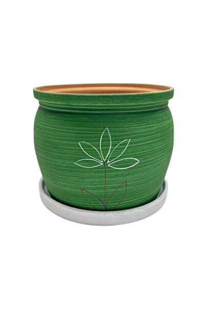 OEM Ghiveci ceramic, interior / exterior, rotund, verde, 16 x 20 cm, cu farfu...