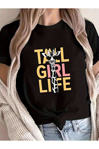 26LIK Oversized Loose Fit, Flat Print Giraffe With Text TALL LIFE T-Shirt, Sh...