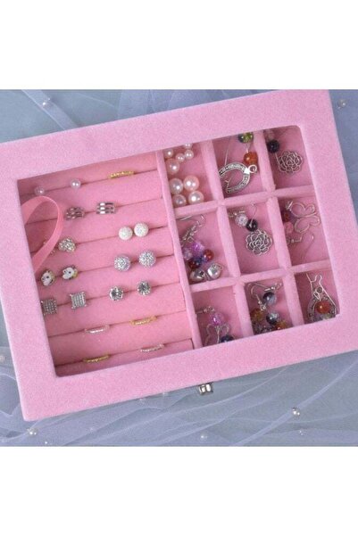 DubaiGallery Pink Jewelry Organizer Box with Mirror, Multiple Compartments and Ring Slots, Velvet Jewelry Storage Case for Earrings, Rings, Bracelets, Necklaces and Accessories, Elegant Portable Displ