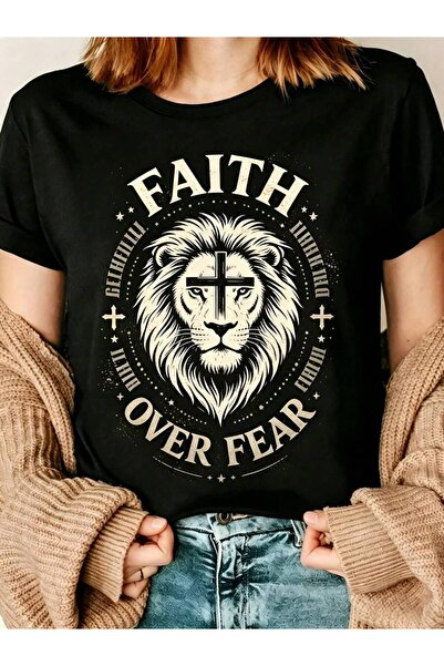NOURAM Religious Graphic Women's T-Shirt Faith Over Fear Lion Cross Design Ca...