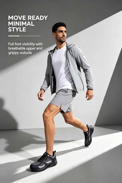 Al Masheel Store Men Mono Gray Runner Sneakers, Breathable Mesh Layered Panel...