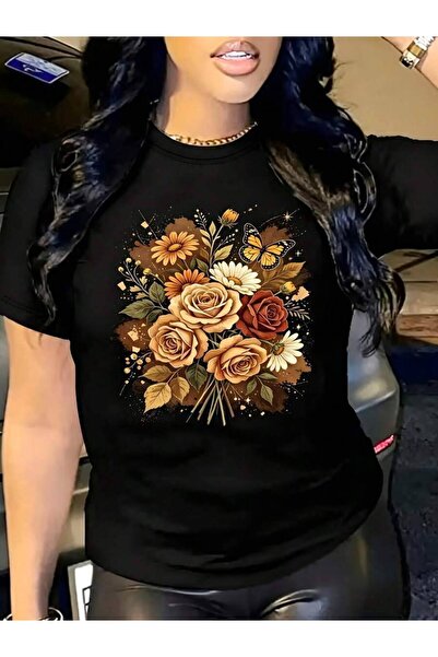 9JY Vintage Floral Butterfly Print Women's T-Shirt Casual Summer Gift For Her