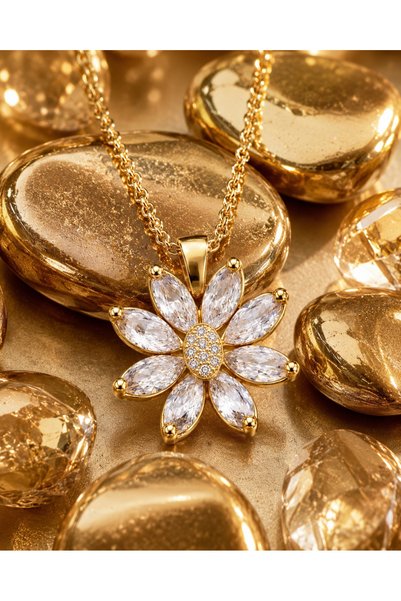 Rafal Luxury Gold Flora Chain Necklace for Women - Golden Big Flower Pendant Necklace with Shiny Crystal Stones