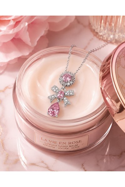 Rafal Rosalia Pink Rosary for Women - Triple Necklace with Pink Stone, Crystal Bow, and Dangling Drop