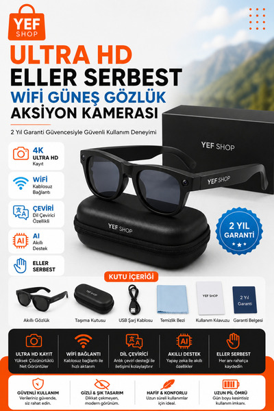 YEF SHOP Akıllı Gözlük Ultra HD Kamera WiFi Dil Çevirici Yapay Zeka Destekli ...