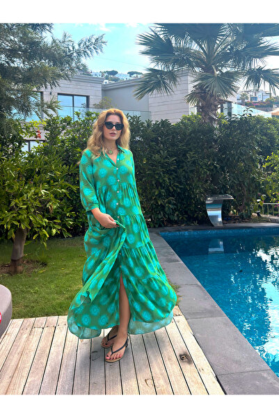 CapriMare Patterned Viscose Dress - Green Shirt Collar Buttoned Long Dress