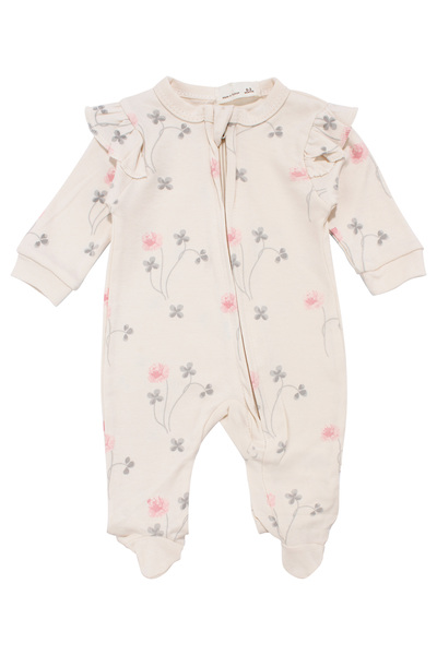 bebegen Baby Girl Beige Pink Gray Floral Ruffled Sleeve Romper 0-3 Months