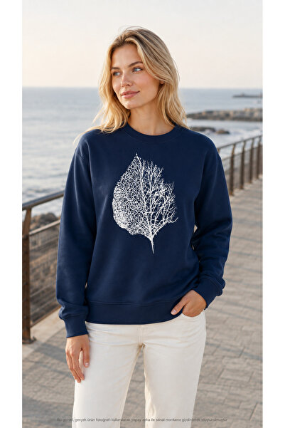 EMMODA Women's Dry Leaf Printed Round Neck Casual Sweathirt