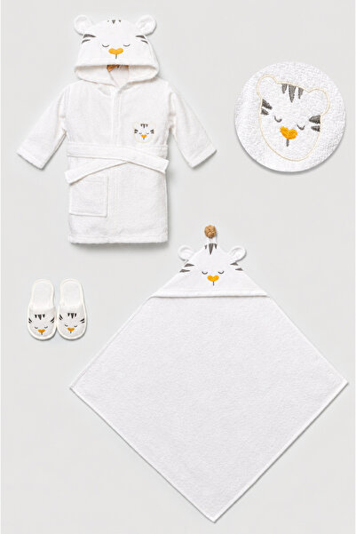 Bebitof Hooded Embroidered Baby Bathrobe Set (Bathrobe + Towel + Slippers)