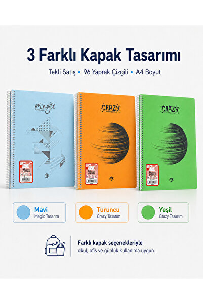 Gültaş A4 Spiralli Çizgili Defter 96 Yaprak PP Kapak – Okul, Üniversite, Ofis...
