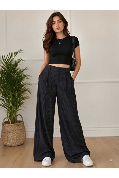 GİYİYORUM Women's Black Striped Palazzo Pants High Waist Loose Legs with Pock...