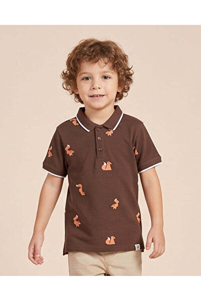 REDTAG Boys Brown Animal Print Tipped Polo Shirt