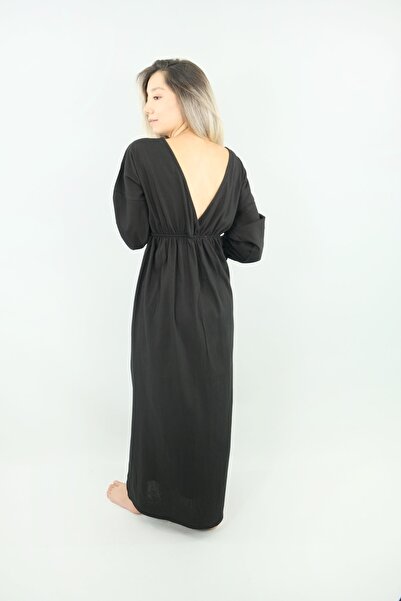 Botex V-Neck Cotton Linen Dress - Black