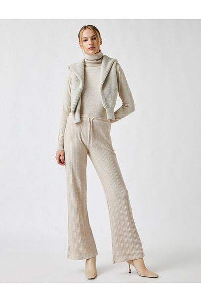 Koton Wide Leg Ribbed Knitted Trousers with Waist Tie